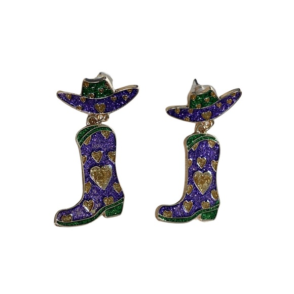 Jewelry - MARDI GRAS COWGIRL BOOT EARRINGS